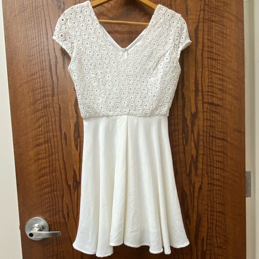 Altar'd State deep v neck and back White satin mini dress‎ w/ lace bodice